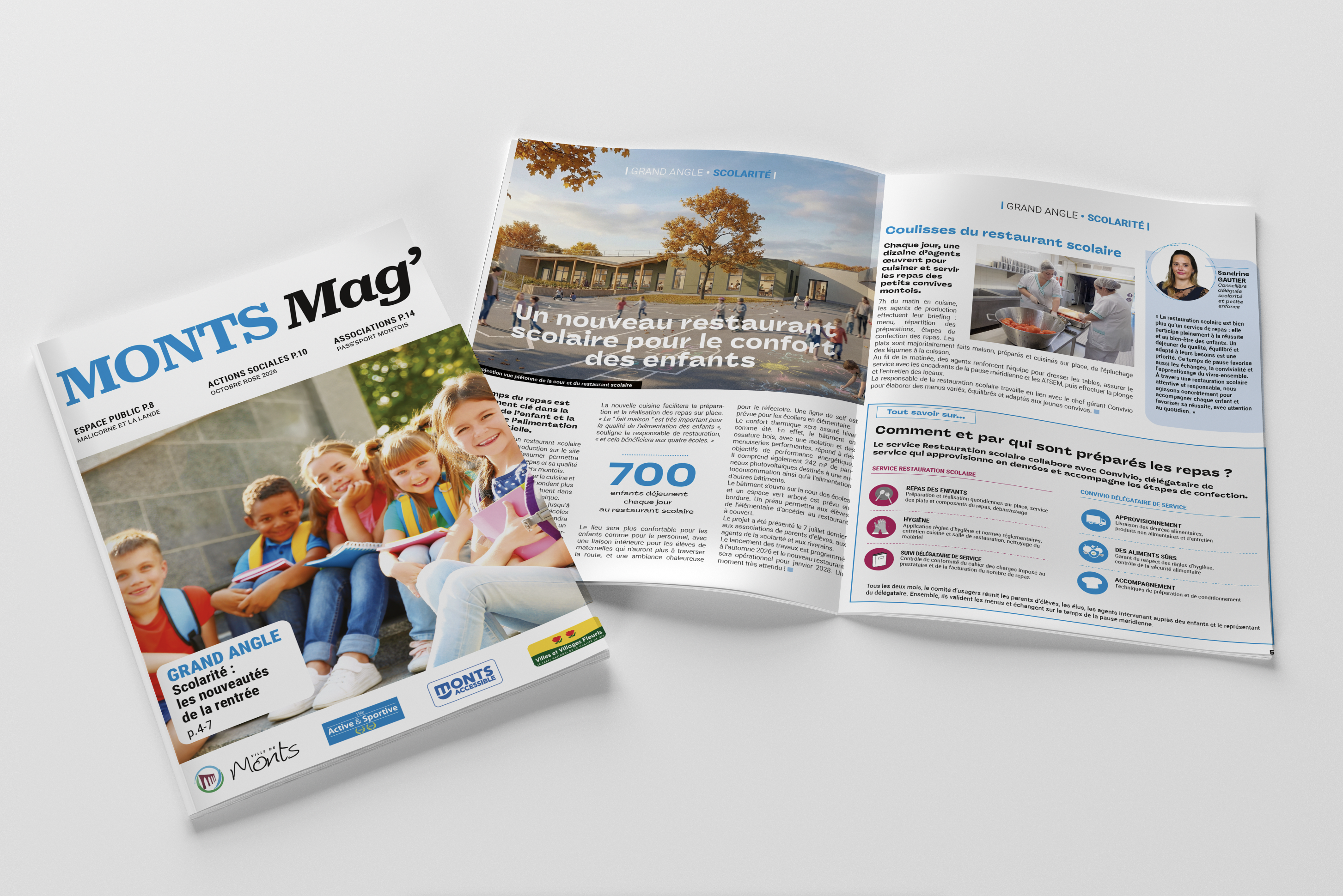Couverture et double page intérieure du magazine municipal Monts Mag